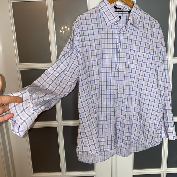 EUC Men’s Size 18 34/35, XMI Platinum Blue & Pink Plaid Button Down Dress Shirt - Picture 5 of 13